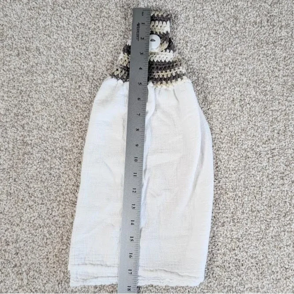 Crocheted Hanging Kitchen‎ Towel with Button Closure - Brown and White